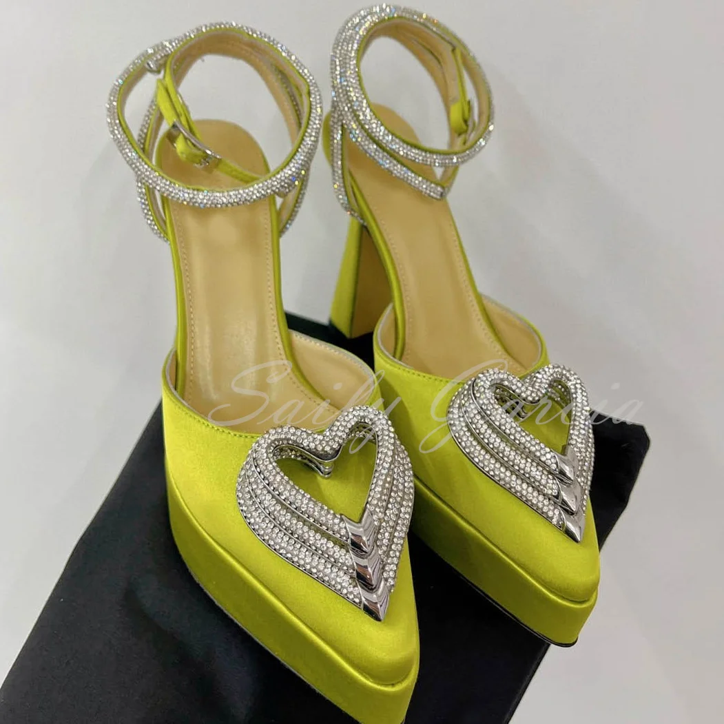Platform Pointed Toe Hollow Silk High Heel Sandals Women Love Rhinestone Ribbon Square Toe Ankle Strap Wedding Shoes For Ladies