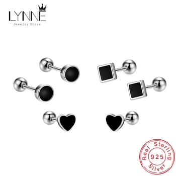 Hot Fashion Rock Black Round Square Heart Screw Buckle Stud Earrings 925 Sterling Silver Women&Men Unisexual Hip Hop Ear Jewelry