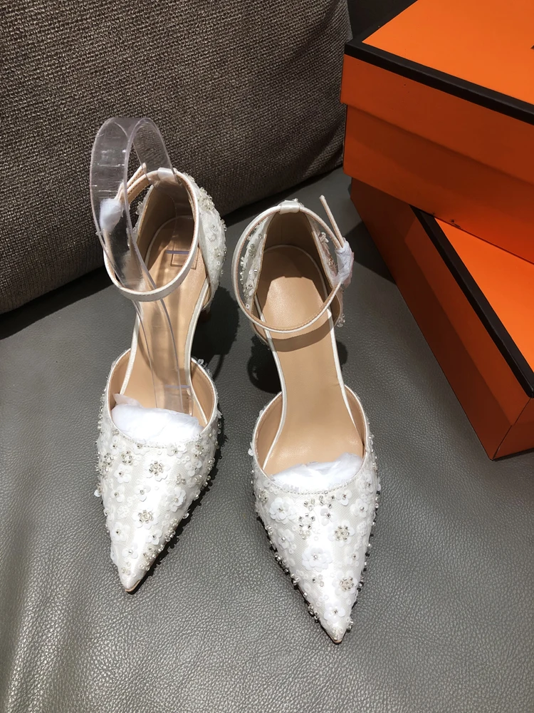 

White hollow high heels, women's new rhinestone sequin wedding shoes, bridesmaid shoes, thin heeled pointed single shoes, women