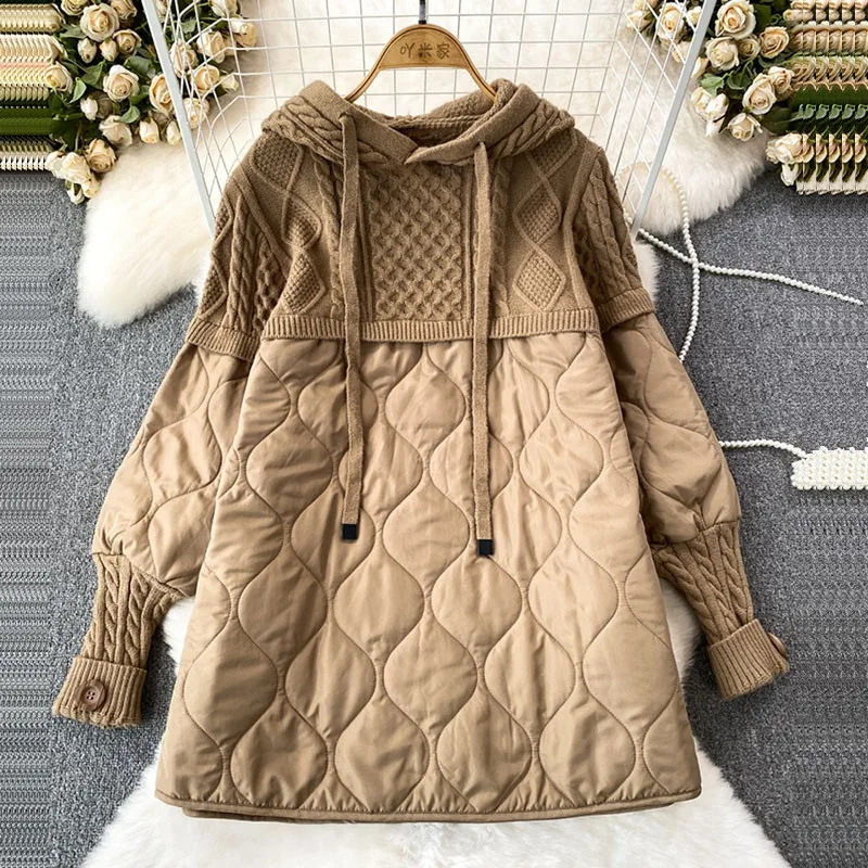 

Autumn Winter Women Knitted Hooded Patchwork Thin Cotton-padded Jacket Casual Long Sleeve Female Cotton Coat Khaki Black Brown