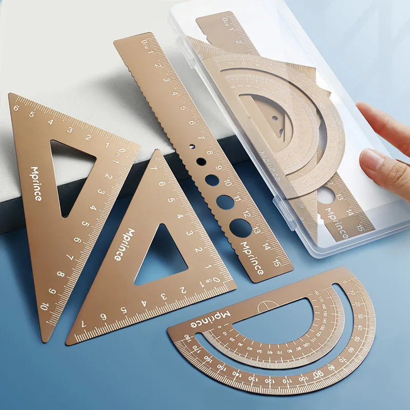 Student drawing tool metal ruler set aluminum alloy protractor children's mathematics measurement round hole drawing Scale ruler ruler set drawing ruler metal ruler