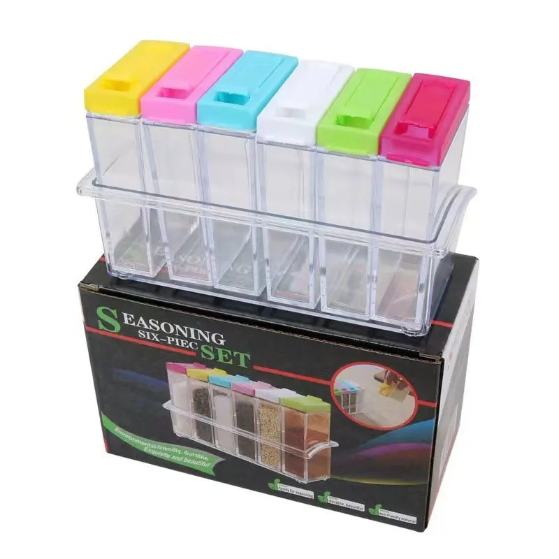 Clear six-compartment seasoning box Kitchen items Salt MSG Pepper Classified storage container seasoning jar salt shaker spices bottle salt pepper shakers salt pepper grinder