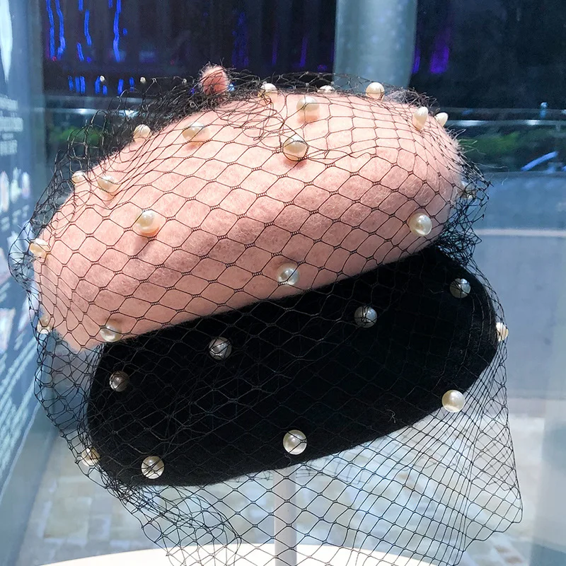 Pearl Mesh Beret Women's Spring and Autumn Fashion Multi functional Retro Lace Painter Hat Wool Hat
