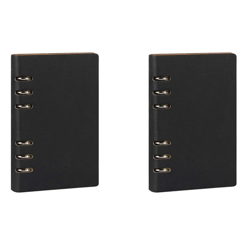 

2X A5 Notebook 6 Holes PU Leather Cover Notebook Loose Pocket Leather Refillable Notebook Binder Rings Journal (Black)