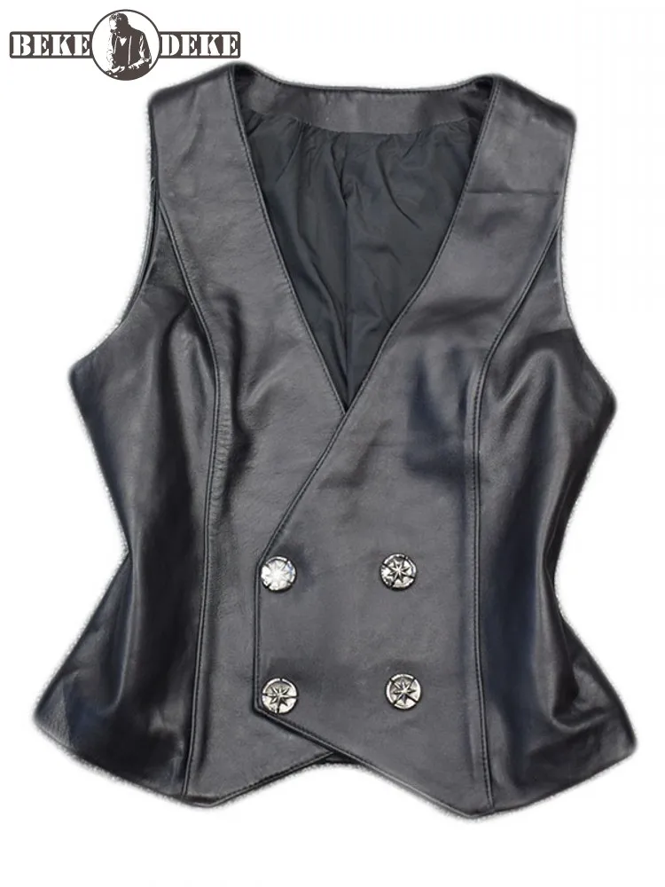 

Spring New Office Ladies Sheepskin Genuine Leather Vest Double Breasted V Neck Sleeveless Jacket Women Casual Slim Fit Waistcoat