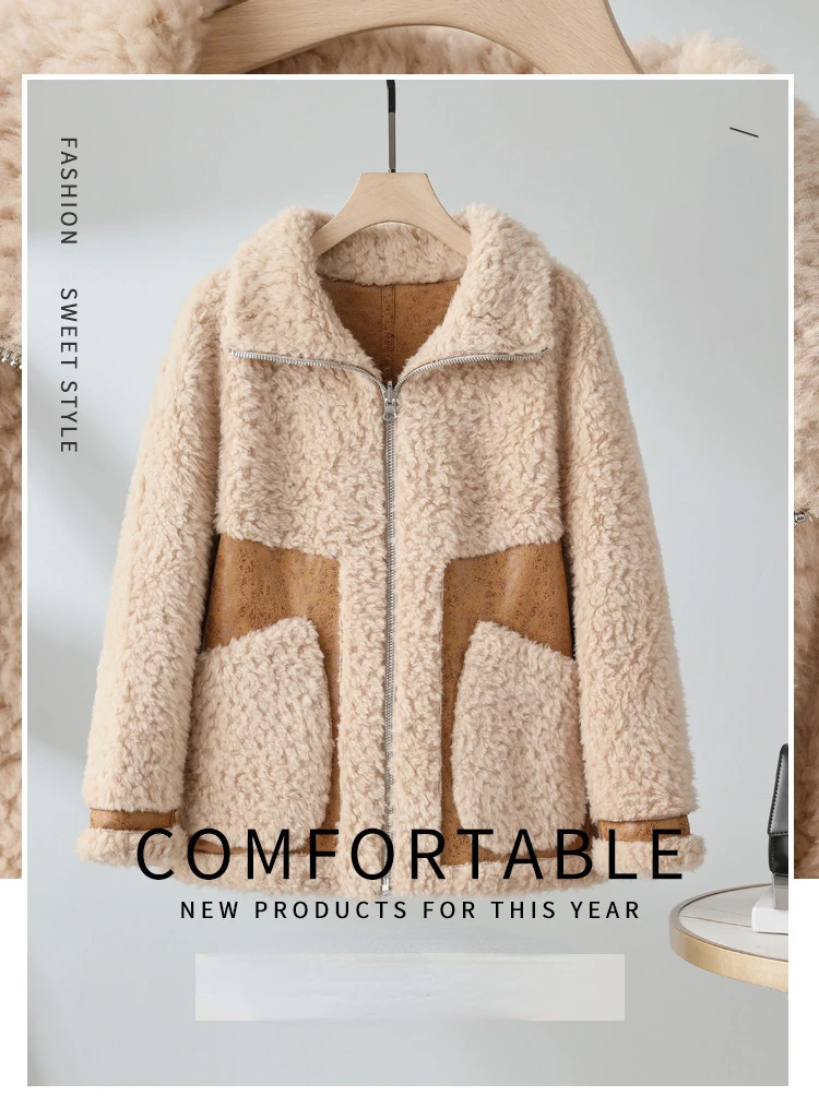 

2023Hot Sale Sheep Shearling Fur Coat Women Reversible Pure Wool Fur Jacket Winter New Composite Fur Integrated Outwears Female