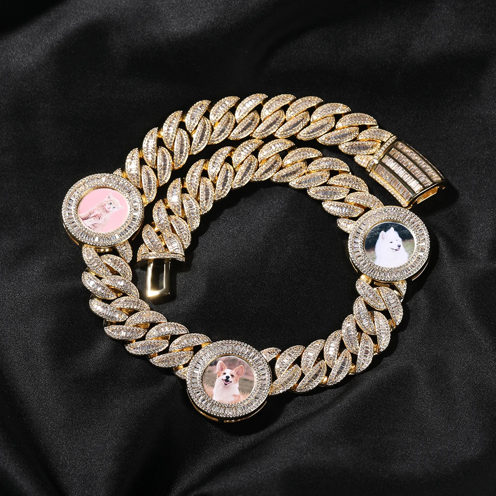 DIY Custom Round Memory Photo Pendant Cuban Bubble Link Chain Necklace Jewelry