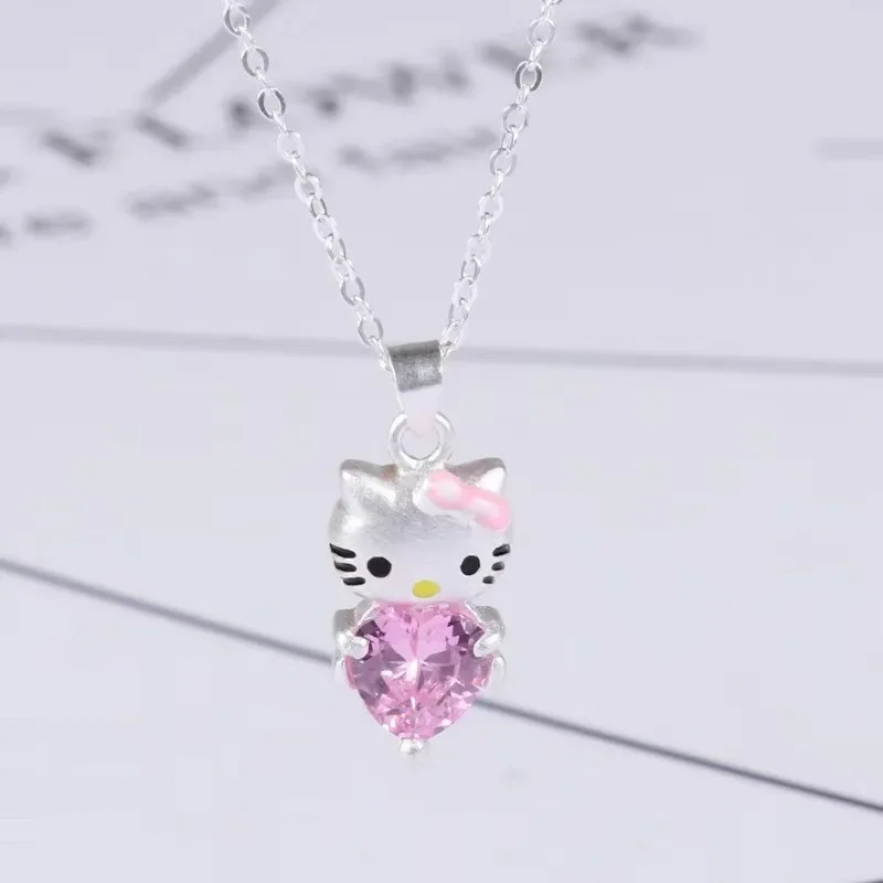 

Sanrio Kawaii Hello Kitty Cartoon Necklace Anime Figures Cinnamoroll Silver Sea Blue Heart Diamond Pendant Clavicle Chain Gifts