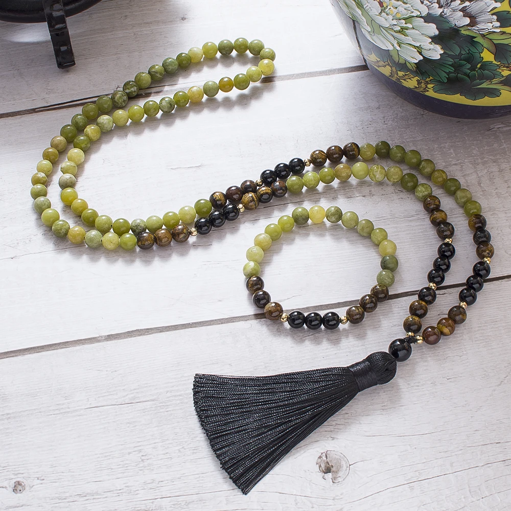 

8mm Southern Jade Tiger Eye Black Onyx Beads 108 Mala Prayer Necklace Meditation Yoga Jewelry Japamala Set for Men and Women