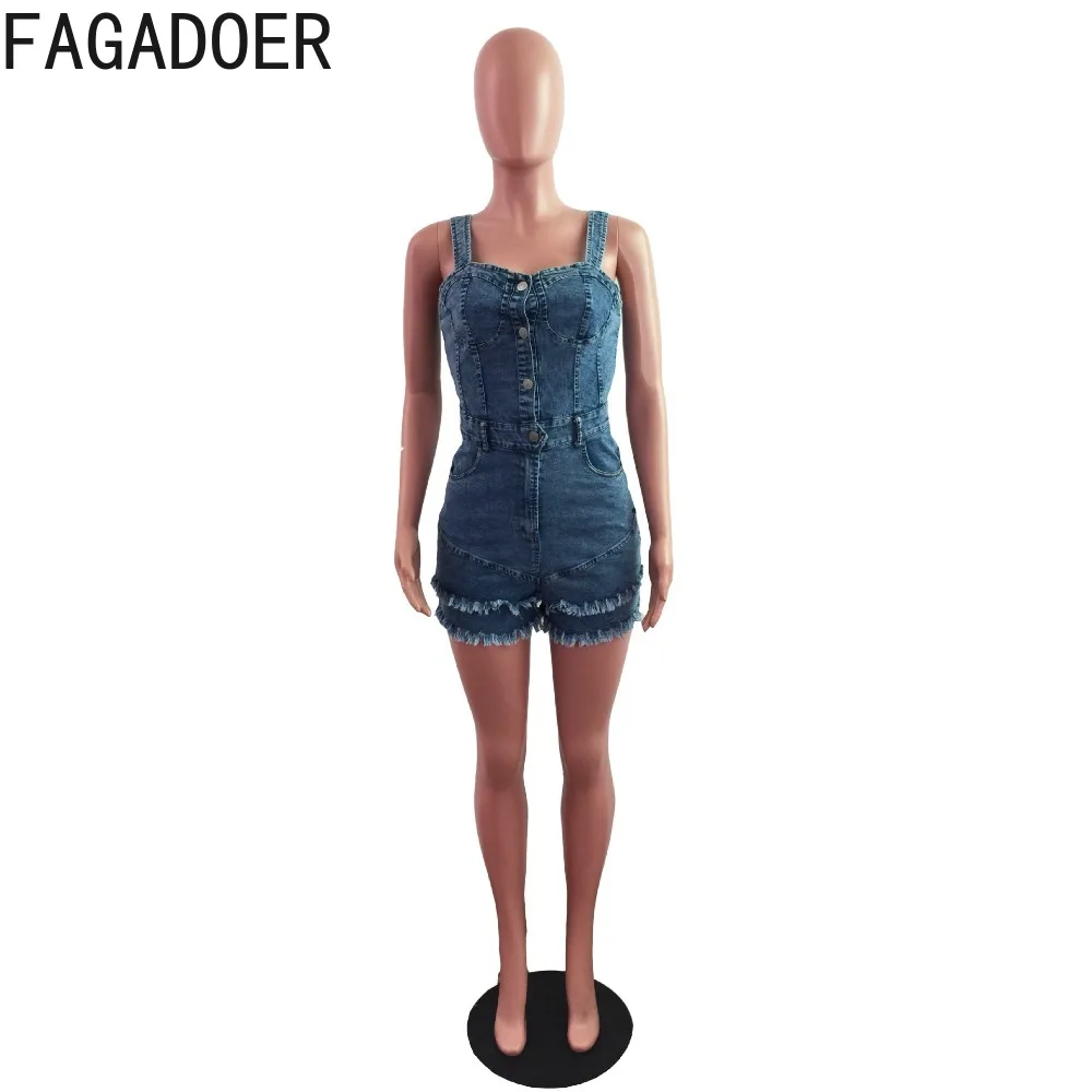 FAGADOER Fashion V Neck Button Denim Rompers Women Strap Sleeveless Bodycon Jumpsuits Blue Casual Tassels Shorts Cowboy Overalls