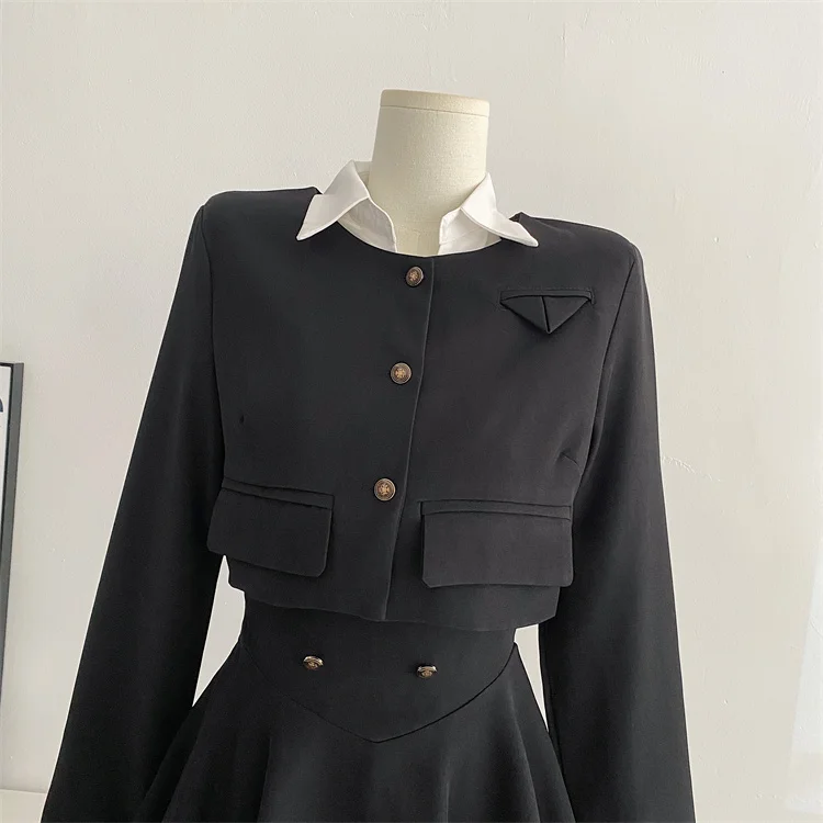 Y2K 3 Piece Set Women Cropped Coat + Long Sleeve Shirt + High Waist Halter Ruffles Mini Dress Korean Chic Fashion Sexy Outfits