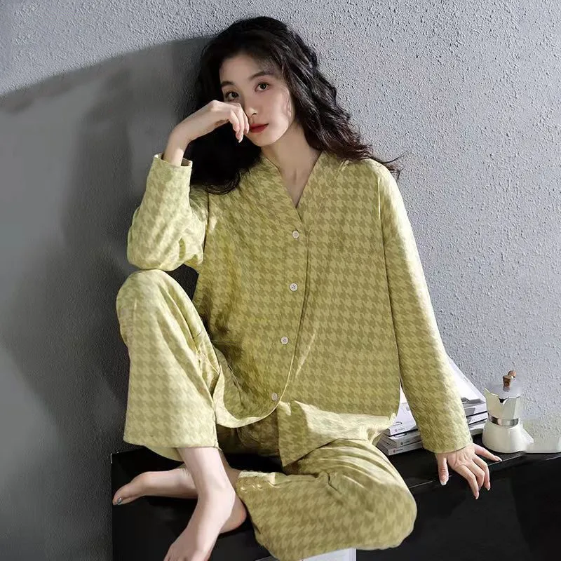 Spring Autumn Women's Imitation Cotton Pajamas V-neck Long Sleeve Cardigan Loose Casual Home Clothing Set Sweet Cute Sleepwear