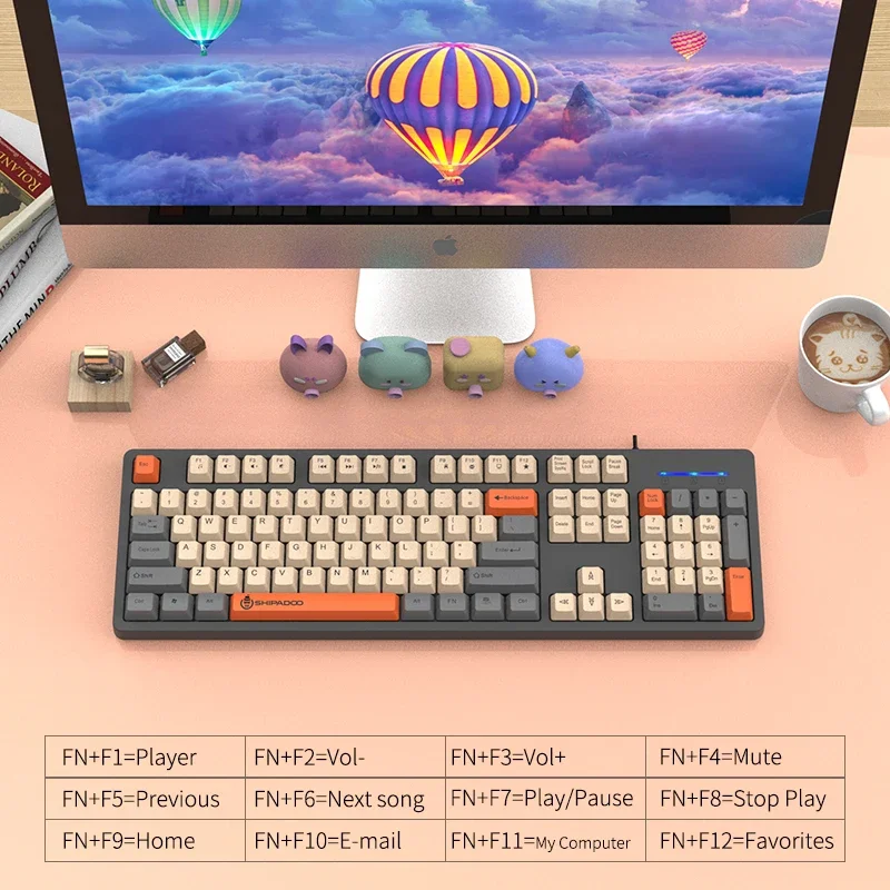 Wired Gaming Keyboard 104Keys Waterproof Colourful Wear-resistant Square Keycaps Compact Keyboard Technical Light Keys