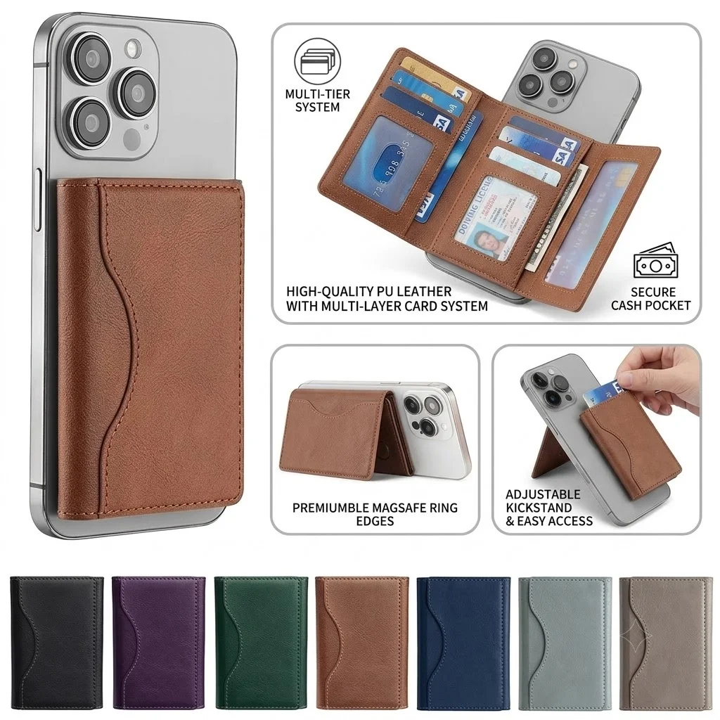 MagSafe Magnetic PU Leather Card Holder Wallet with Multi Card Slots