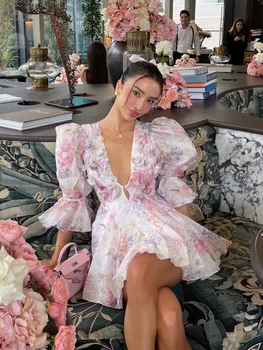 Trendy Floral Print Flare Sleeve V Neck Mini Dress Elegant High Waist Pleated Woman Vestidos 2025 New Autumn Evening Party Gown 1
