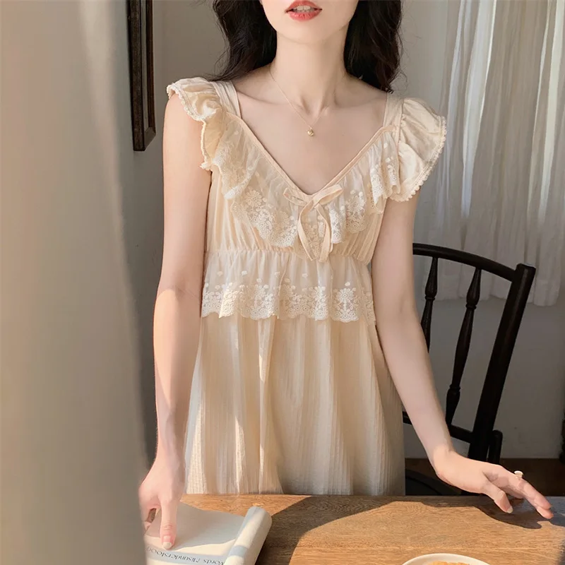 Lace Solid Sweet Summer Sleeveless NightDress Women Korean Style Sleep Tops Home  Kawaii Princess Elegant Casual  Loose Ins