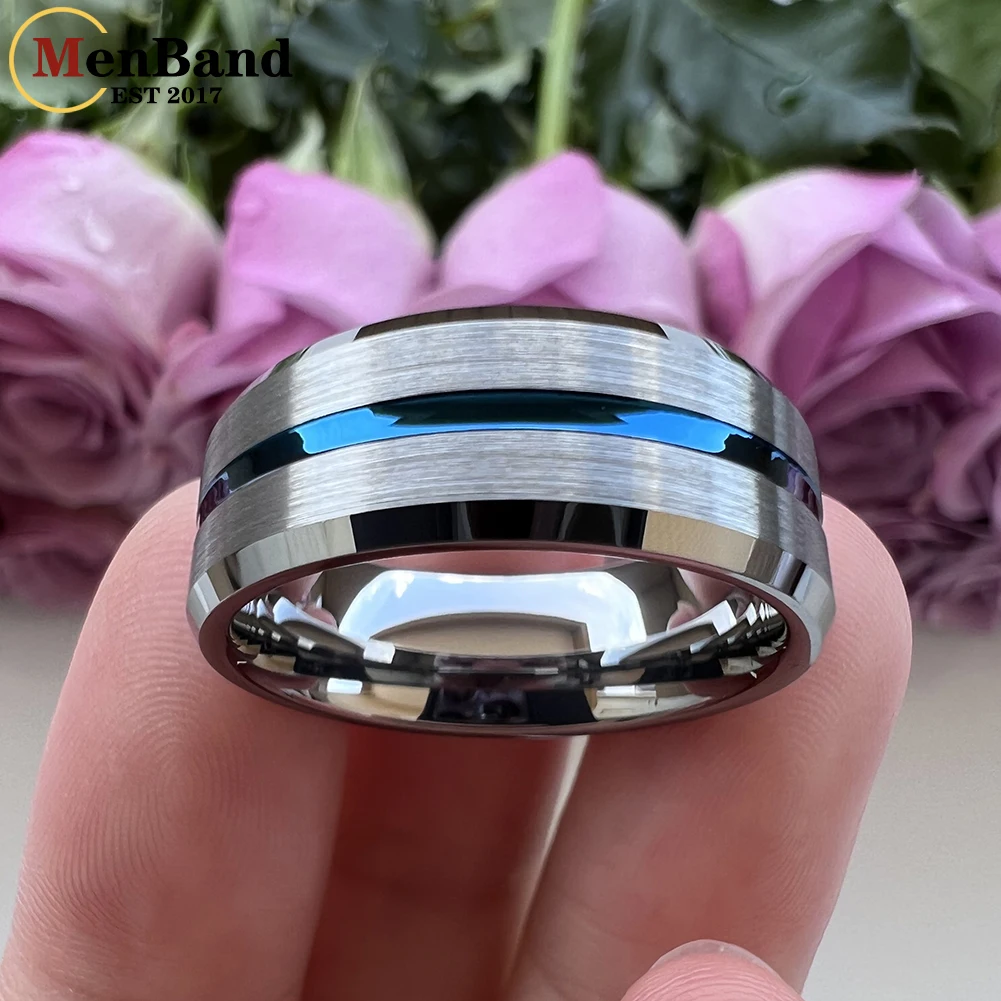MenBand Fashion 8MM Blue Center Grooved Flat Polished Men Women Tungsten Carbide Wedding Ring Stylish Gift Jewelry Comfort Fit