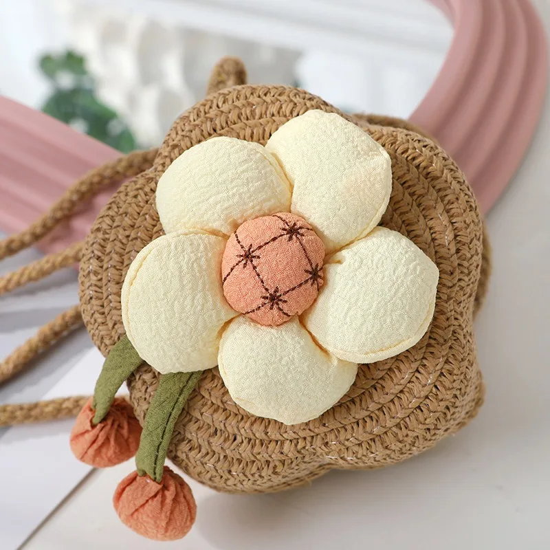 Sweet Straw Crossbody Bag Flower Woven Coin Purse Handbag Girls Kids Shoulder Messenger Bag Cute Princess Mini Handbag