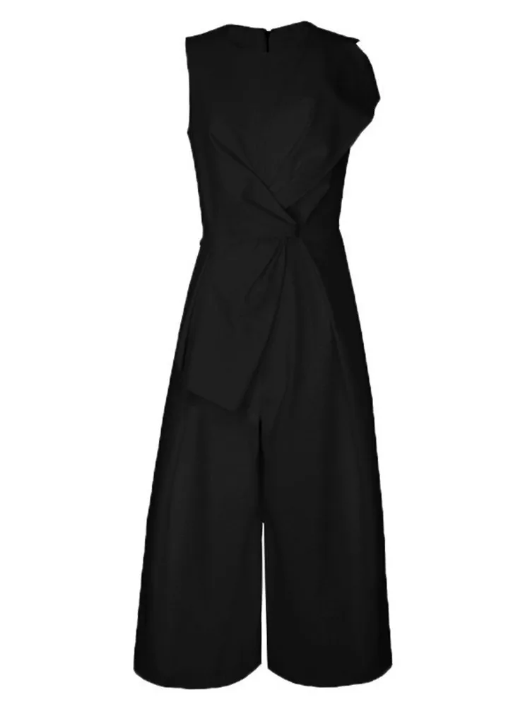 BPN Minimalist Solid Playsuit For Women Round Neck Sleeveless High Waist Casual Loose Wide Leg Playsuits Female Fashion Clothing