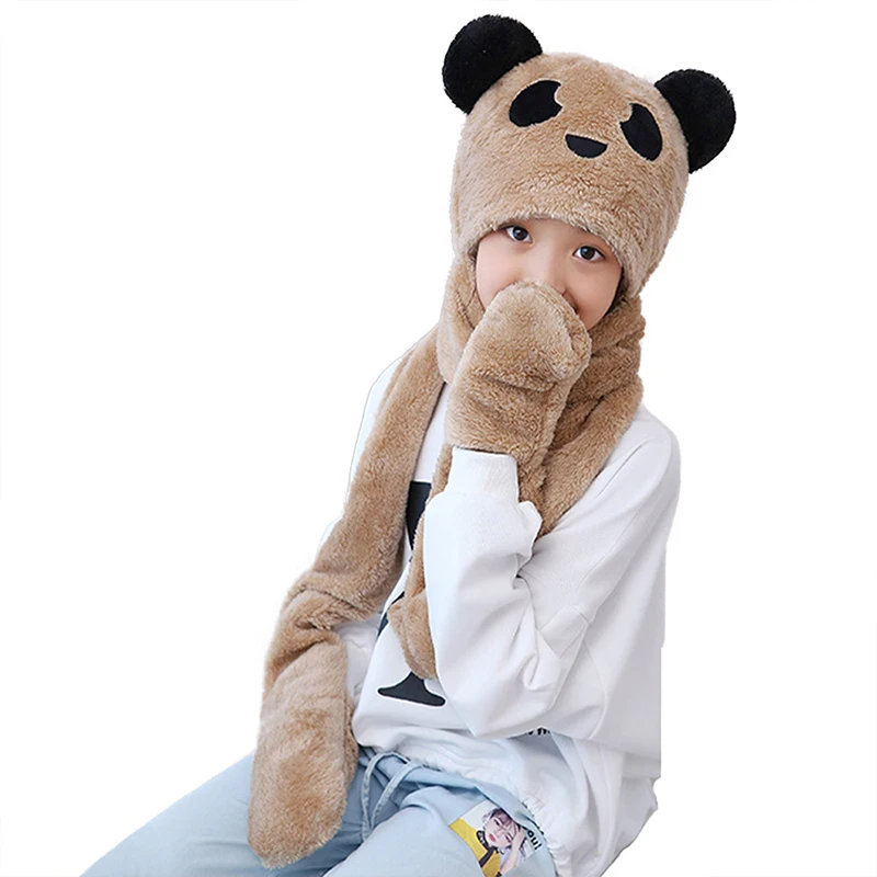 3 in 1 Winter Animal Hat Scarf Mitten Combo Panda Bear Cute Hood