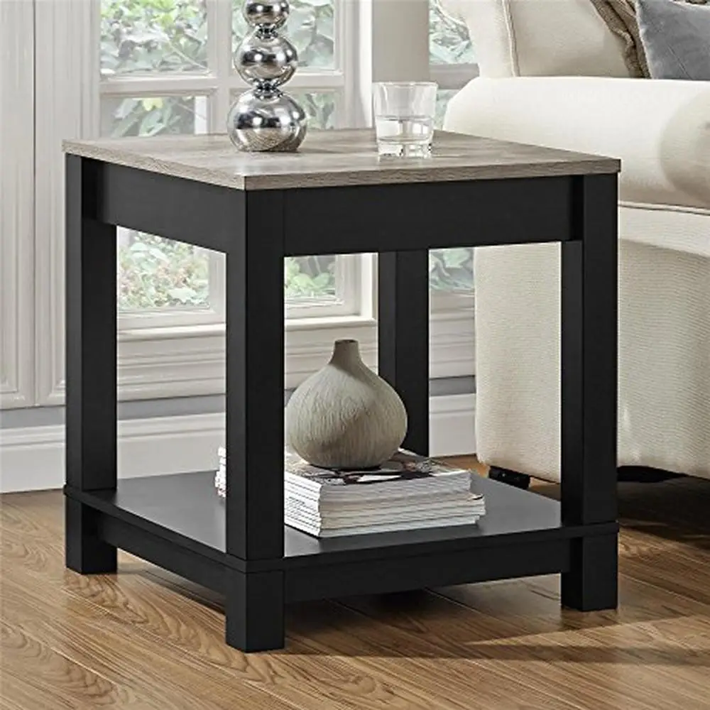 

End Table with Open Bottom Shelf Distressed Woodgrain Top Gray Finish Storage 20.1" x 20.1" x 23.3" Black Material Easy Assembly