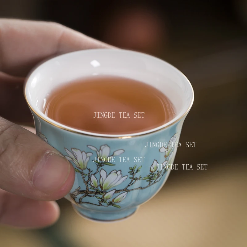70ml Emerald Ceramic Tea Cup Jade Orchid Flower Inscribed Gold Tea Cup Household Chinese High-end Kung Fu Cup Drinking Utensils