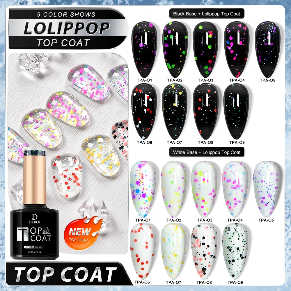 DEROI 2 IN 1 Glitter No Wipe Top Coat Gel Clear Nail Polish Flash Diamond Top Coat UV Gel Matte Topcoat Soak Off Manicure 8ml 2