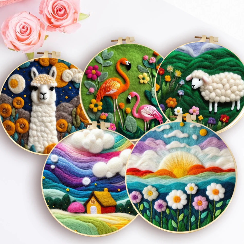 20x20cm Frame DIY Wool Needle Felting Starter Embroidery Kits DIY Wool Animal Needle Felt Picture Kit Craft Paintings wool felting kit needle felt kit