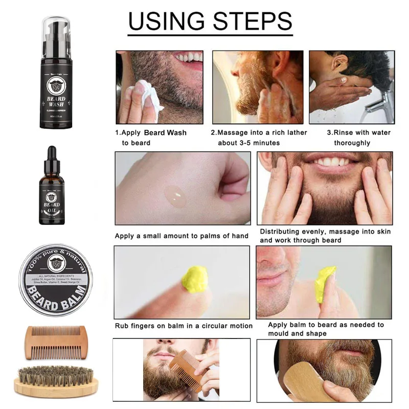 Beard Growth Kit Beard Hair Enhancer Growth Thickening Activator Serum beard oil, beard balm, bamboo brush comb Beard care kit