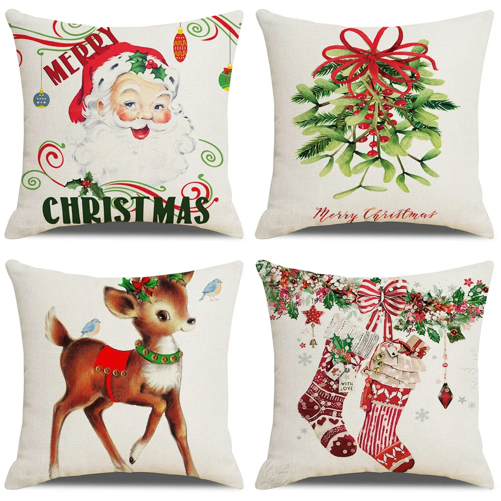 

Christmas Linen Pillowcase Cartoon Santa Claus Elk Sofa Cushion Cover Xmas Stocking Merry Christmas Home Decorative Pillow Cover