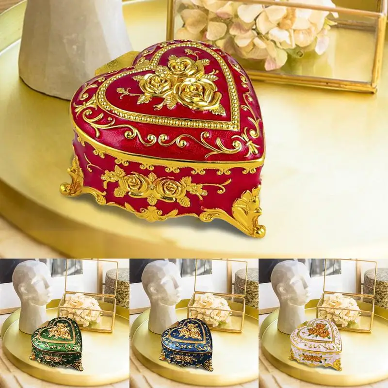 

Heart Shaped Jewelry Box Vintage Metal Ring Box Antique Flower Carved Trinket Organizer Box Earring Pendant Storage Gift Boxes