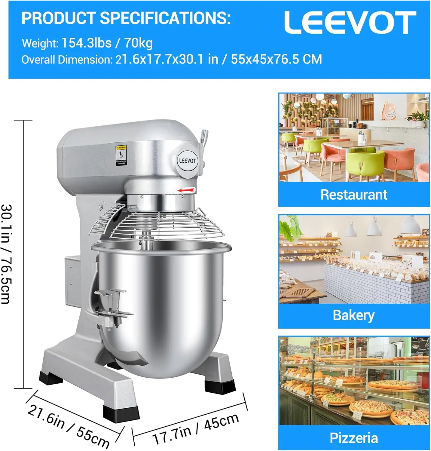 1250W Commercial Food Mixer, Commercial mixer 3-Speed Adjustable Heavy Duty Stand Mixer with Stainless Steel Bowl for Bakery Piz 5