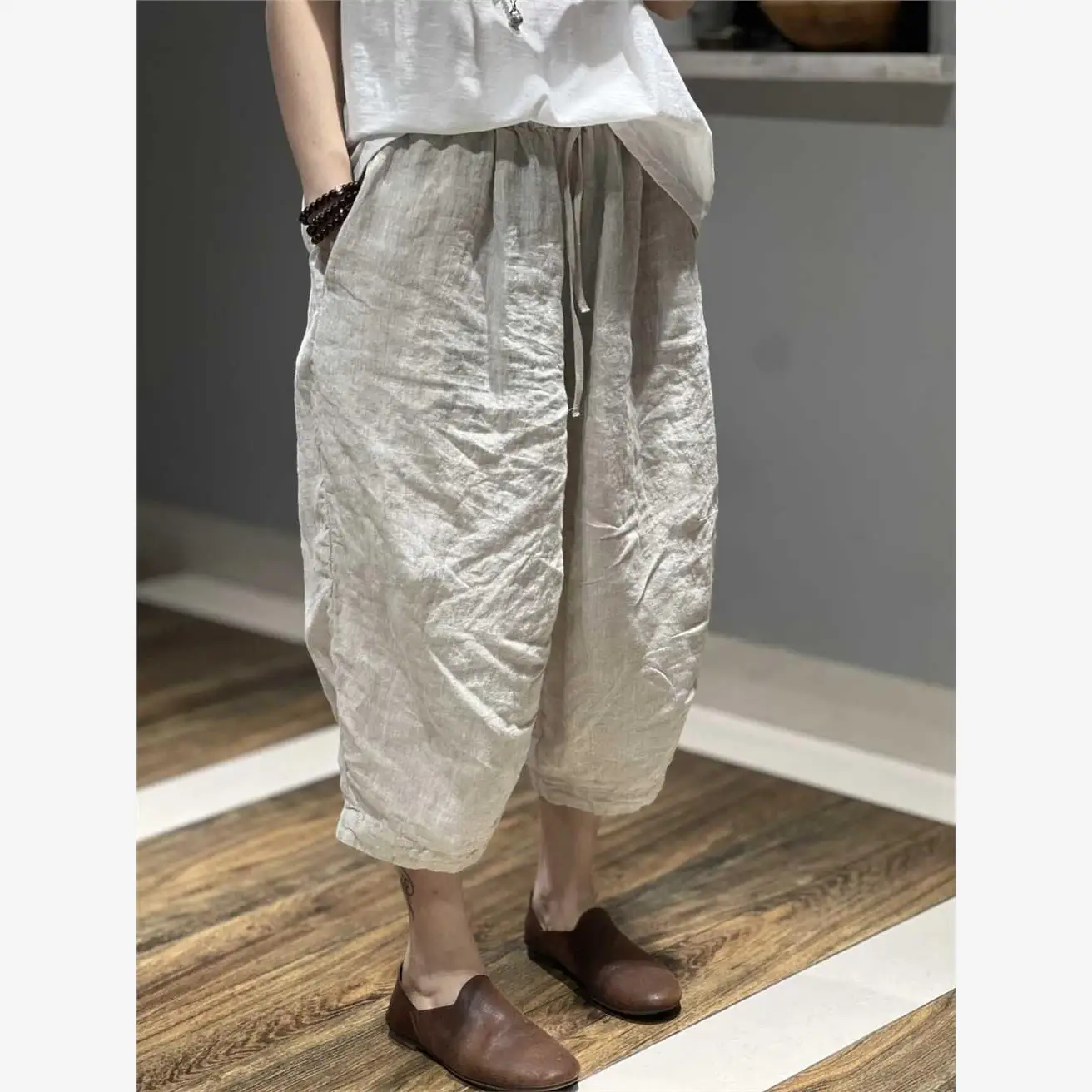 High Waist Cotton Linen Seven-Foot Pants Women Summer Large Size Loose Casual Versatile Thin Middle-Length Harlan Pants