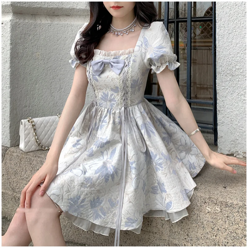 

Summer Blue Dress Womens Printing Bow Drawstring Korean Fashion Simple 2023 Female Dress Temperament Elegant Party Long Dress