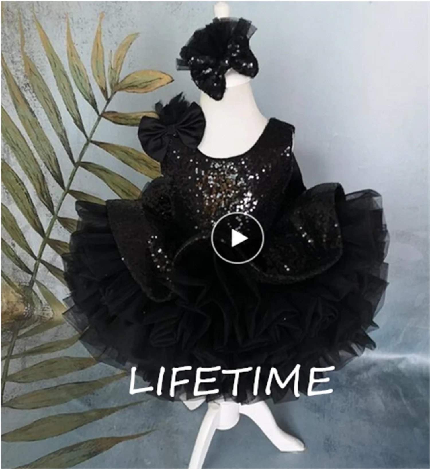 

Black Sequin Flower Girl Dress Luxury Birthday Outfit Baby Girl Party Costume Infant Frock with headbow