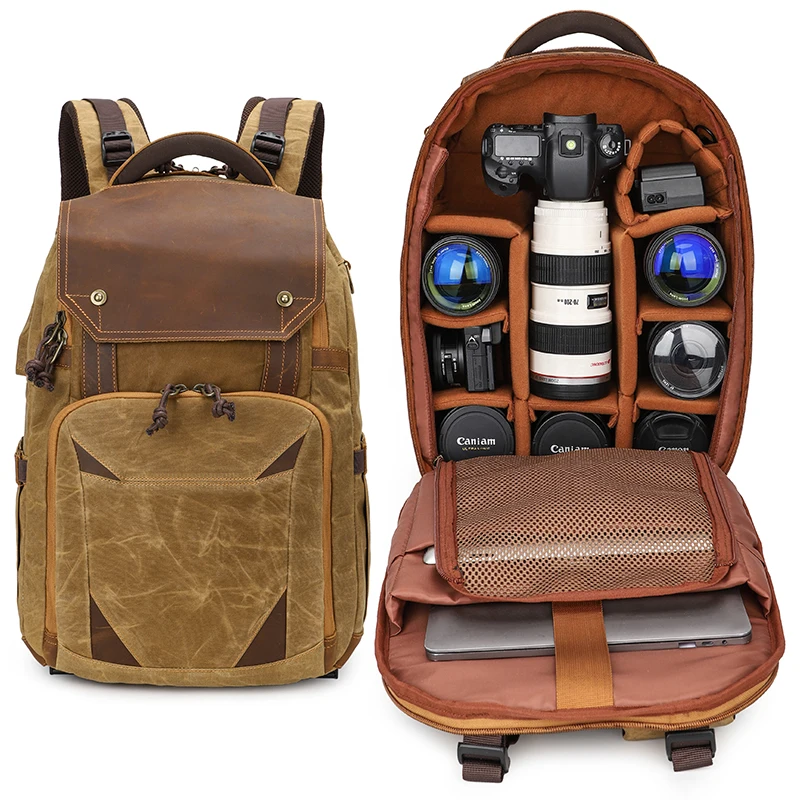 

Waterproof Vintage DSLR Camera Backpack Fashionable Spacious 15.6 Laptop and Tripod Holder for Photographers