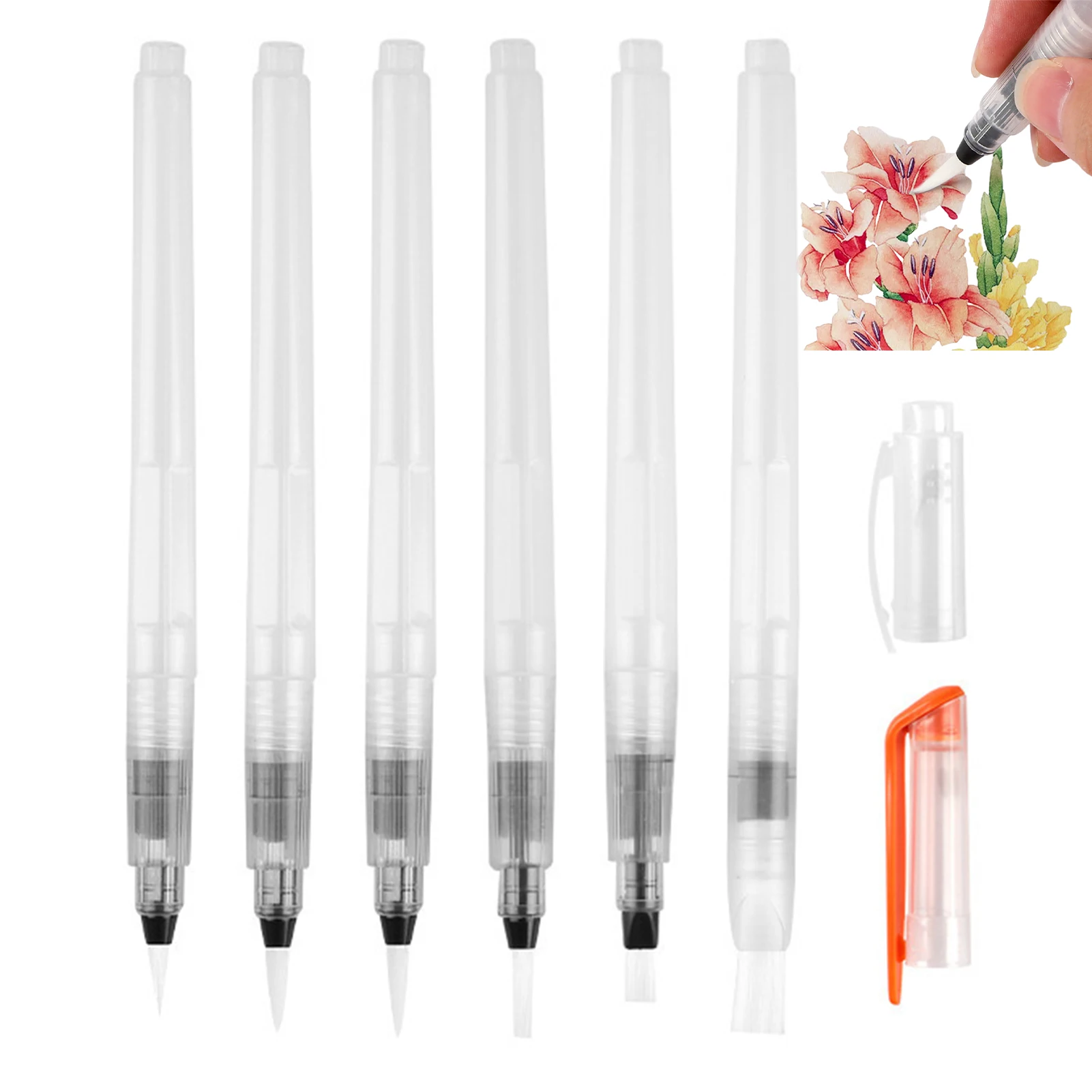 

6pcs Drawing Student Reusable Home School Gift Refillable Water Brush Pen Artist For Watercolor Flat Fine Tip Professional