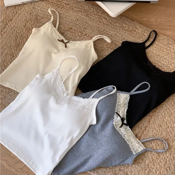 1pcs Women Knitted Crop Tops Solid Laces Sling Tops Knitwear Tank Top Girls Sexy Slim Camisole Sweet Short Vest With Padded Cups 1