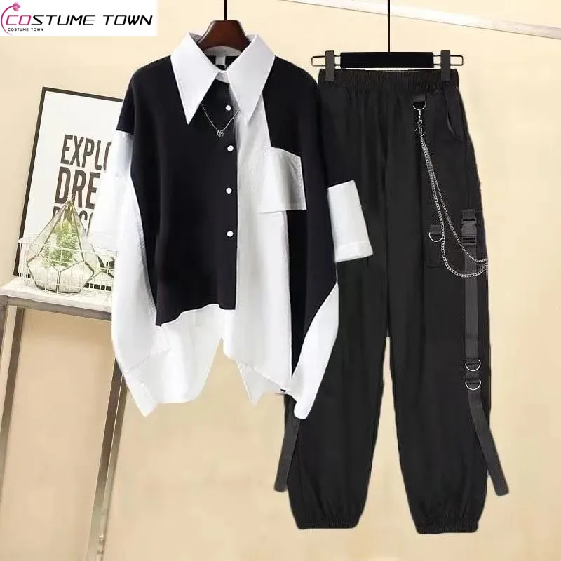 2023 Summer Men's and Women's Suit Korean Version Loose Patchwork Shirt+handsome Overalls Two-piece Suit Ins Trend elmsk new men s loose fitting casual pure cotton straight pants trend youth solid color multi pocket overalls