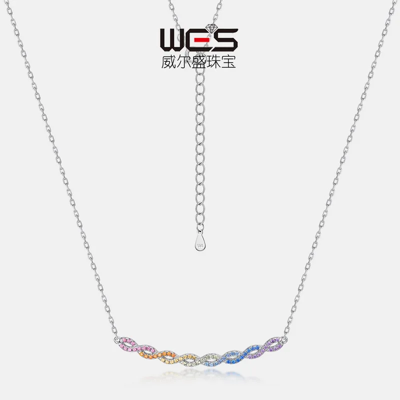 

New Sweet Rainbow Fried Dough Twists Necklace S925 Silver Colorful Zirconium Collar Chain Europe and America Luxury Fashion