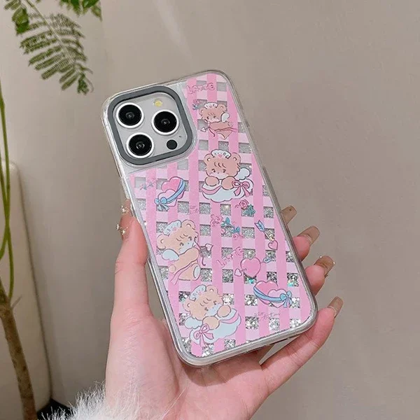 

Checkered Cartoon Cat Transparent Border Quicksand Phone Case Cover for IPhone 12 13 14 15 Pro Max Case for IPhone 15 Pro