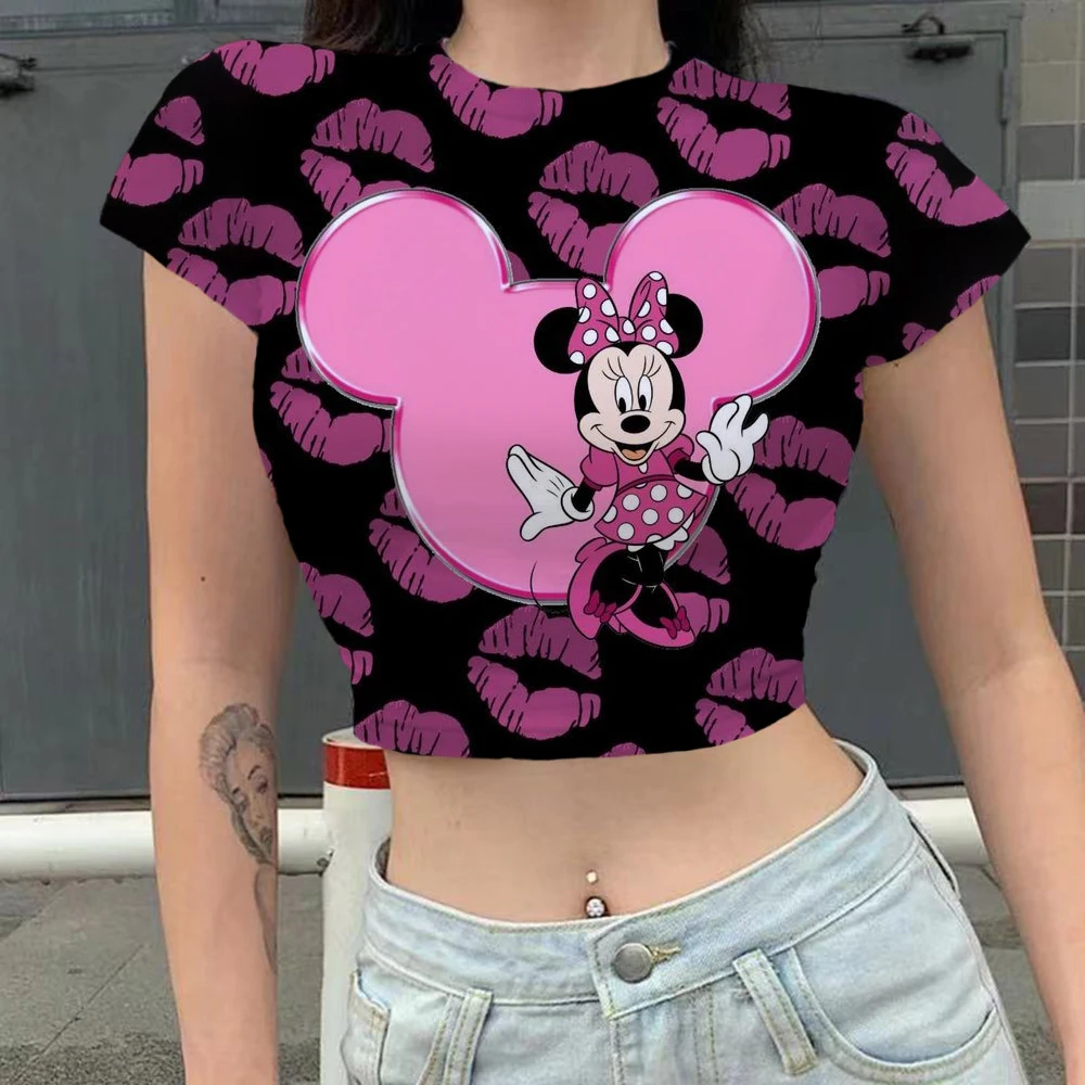 

Disney lip print Mickey Mouse Minnie Harajuku Goth Vintage Slim Short Crop Top Streetwear Sexy Summer Y2K Casual Women T-Shirt
