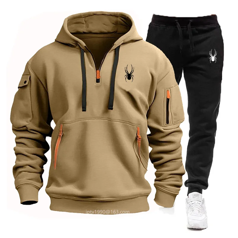 

2024 new Autumn/Winter men's multi-pocket zipper long-sleeved hoodie + sports pants two-piece casual fitness sportswear suit