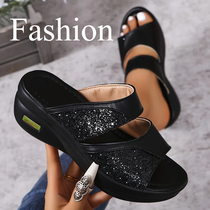 Summer Gold Open Toe Glitter Wedges Female Casual Slides Slingbacks Comfortable Platform Sandals For Woman women wedge sandals