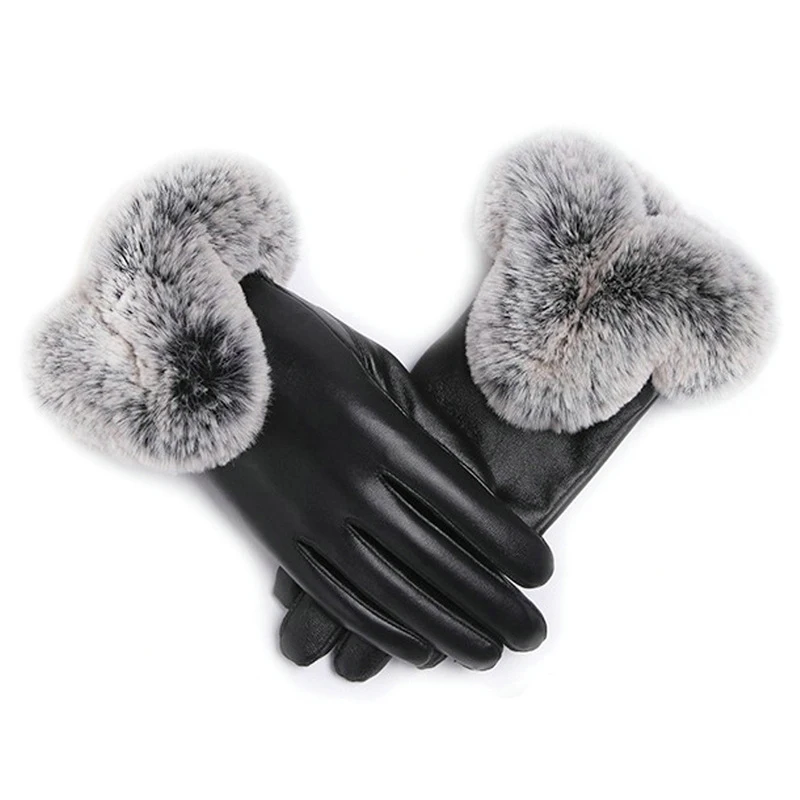1 Pair Women Winter Warm Gloves women gloves Women Lady Black PU Leather Gloves Autumn Winter Warm Rabbit Fur Mittens Warmth Warmer Mittens