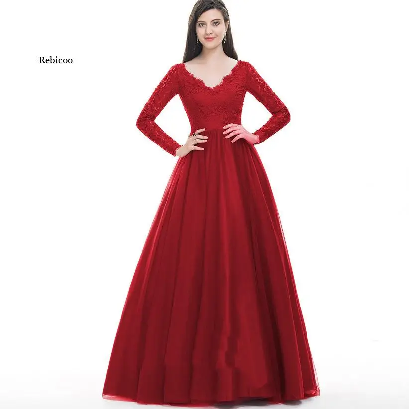 

Mesh Lace Long Sleeve Solid Color Wedding Evening Long Dress