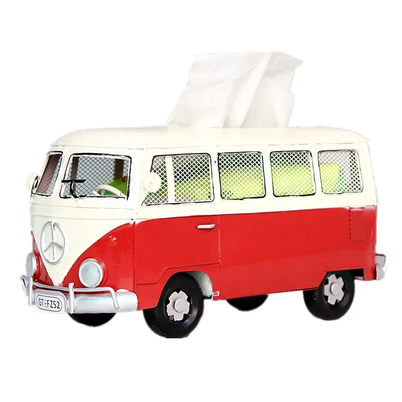 Bus Model Figurines Retro Car Tissue Holder Dustproof Napkin Storage Box Paper Case Ornament for Office Home 5