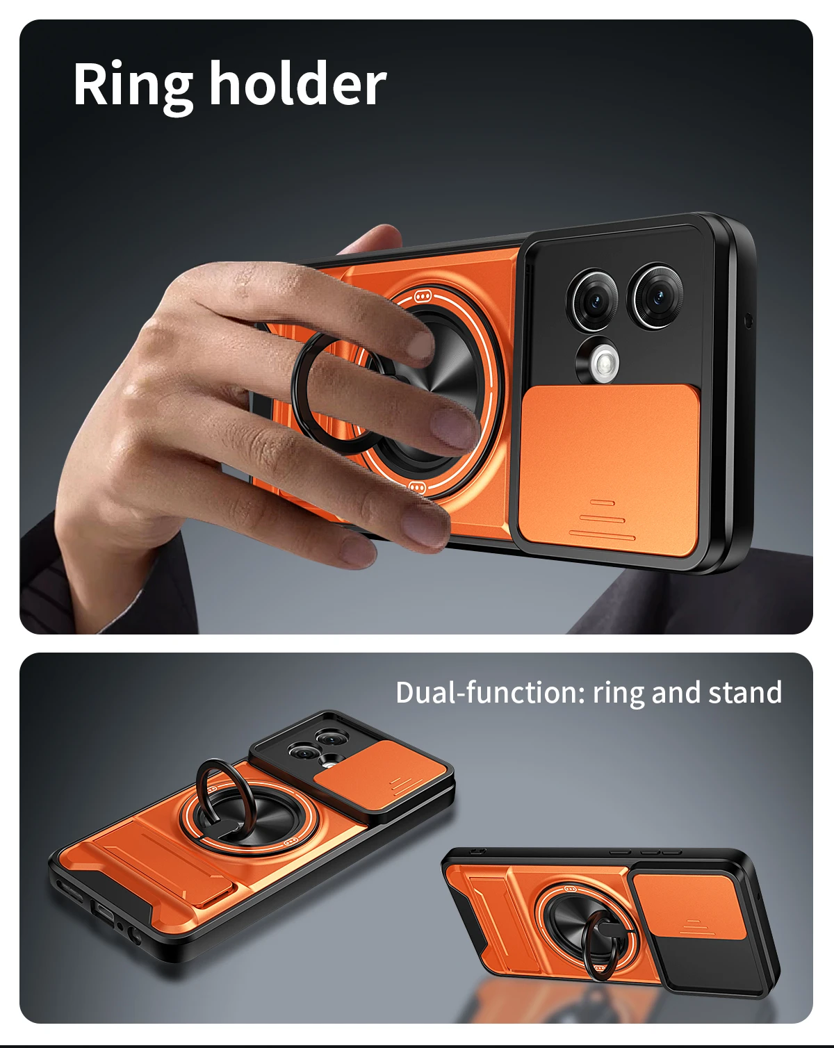 Rotating Magnetic Ring Holder Phone Case with Lens Slide and Kickstand Cover