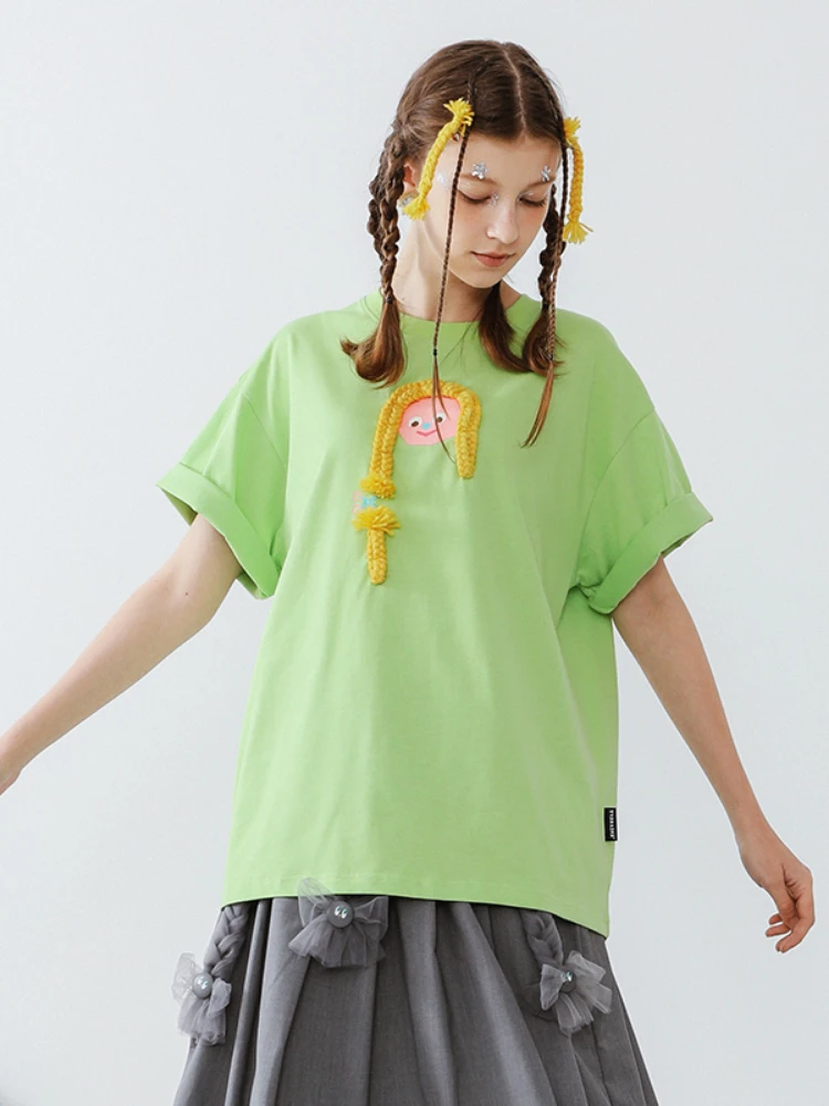 

Original Niche Design Women Long T-shirts Loose O-neck 3D Braid Female Short-sleeved Tee Shirt Tops Green Tshirt Y2k Summer New