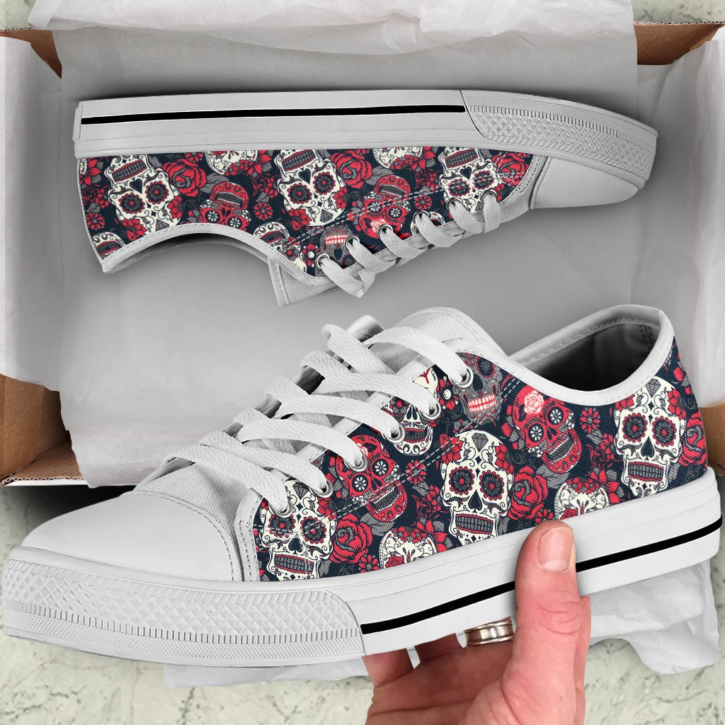 Red Sugar Skull Prints Women Canvas Shoes Lace Up Casual Vulcanize Shoes Woman Flats White Shoes Breathable Shoes